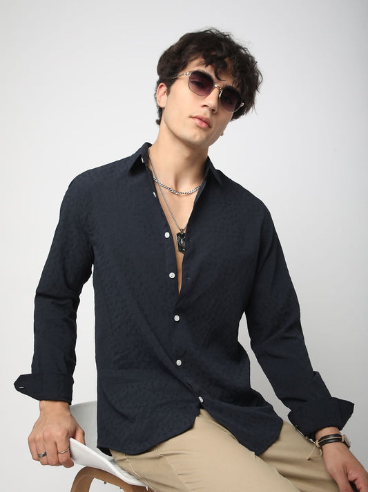 Navy Tiny Leaf Textured Shirt