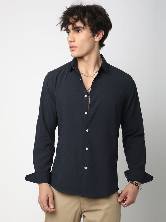 Navy Tiny Leaf Textured Shirt