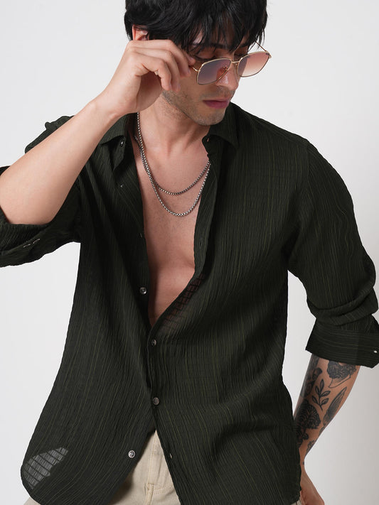 Dark Olive Vertical Striped Creased Shirt