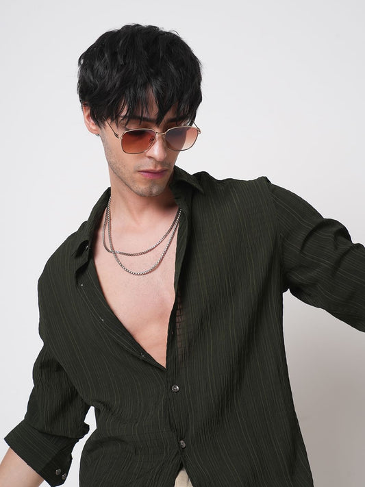 Dark Olive Vertical Striped Creased Shirt