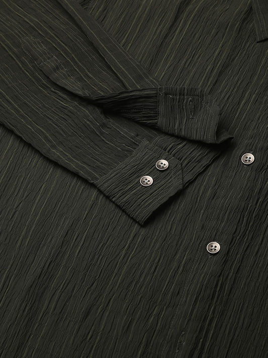 Dark Olive Vertical Striped Creased Shirt