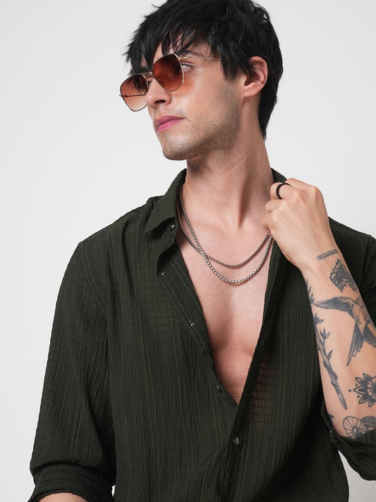 Dark Olive Vertical Striped Creased Shirt