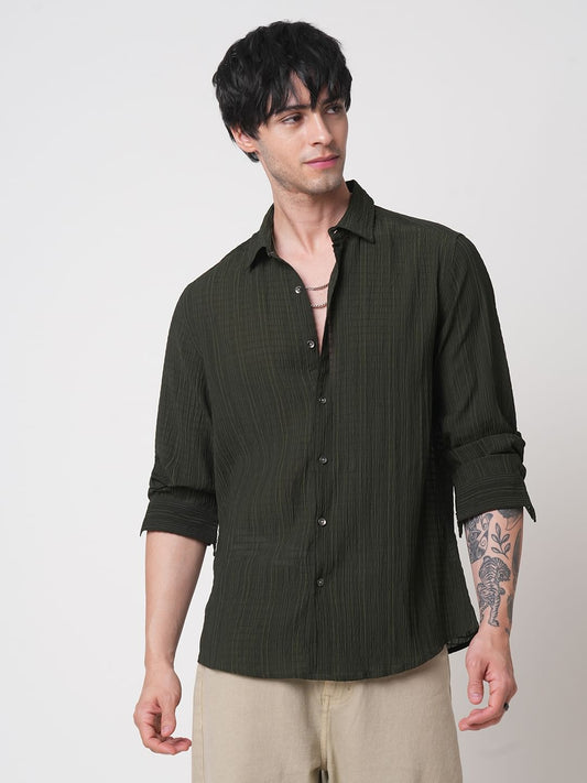 Dark Olive Vertical Striped Creased Shirt
