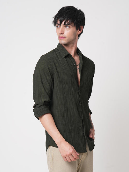 Dark Olive Vertical Striped Creased Shirt