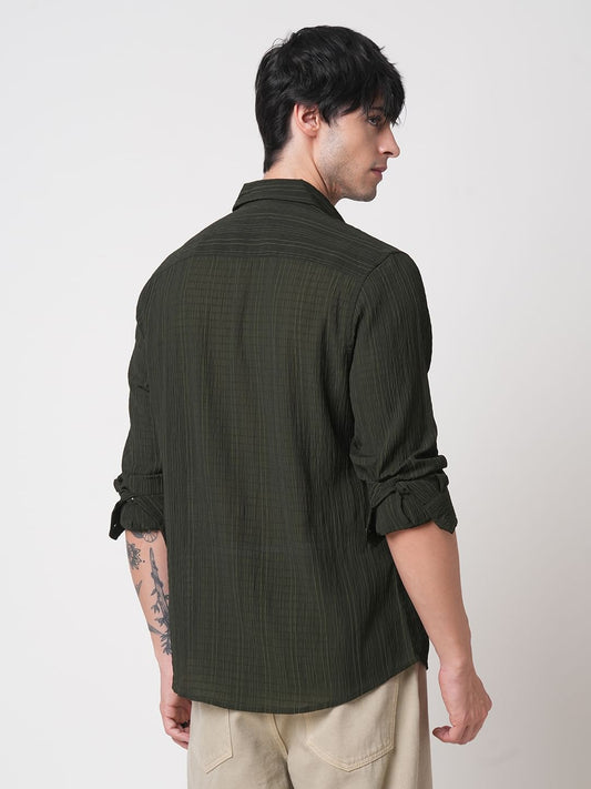 Dark Olive Vertical Striped Creased Shirt