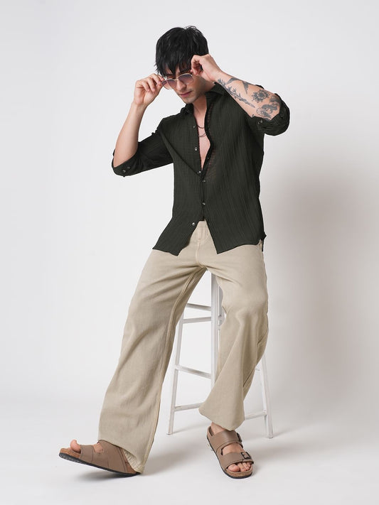 Dark Olive Vertical Striped Creased Shirt