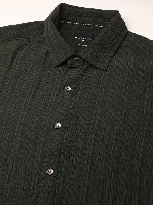 Dark Olive Vertical Striped Creased Shirt