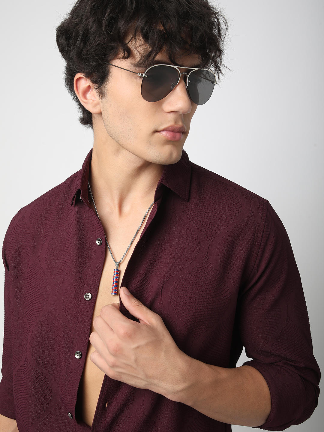 Elegant Wine Leafy Jacquard Shirt
