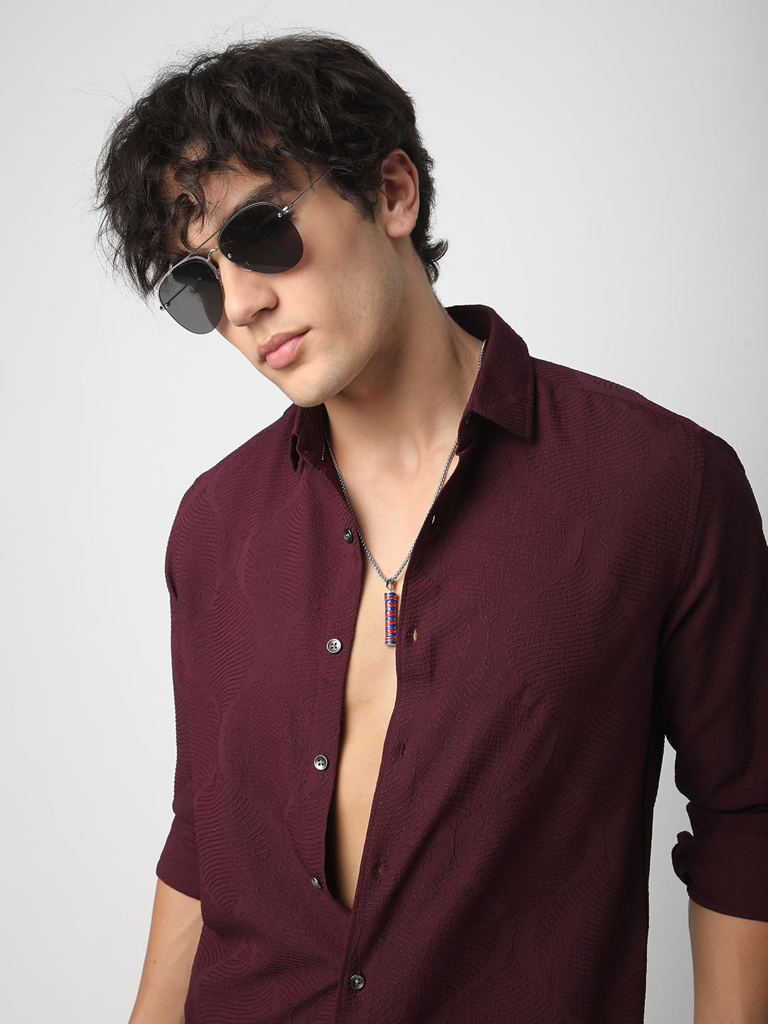 Elegant Wine Leafy Jacquard Shirt