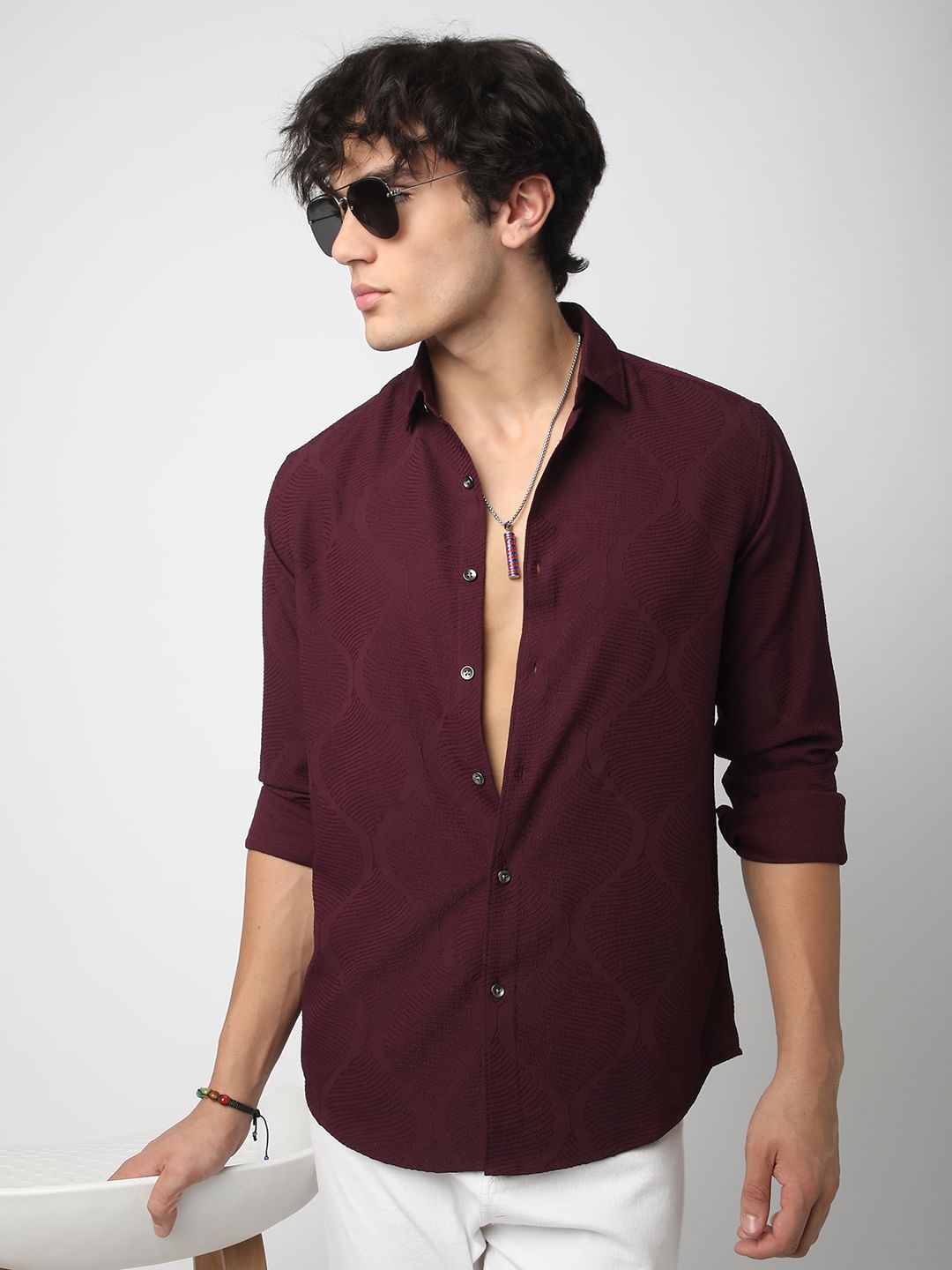 Elegant Wine Leafy Jacquard Shirt