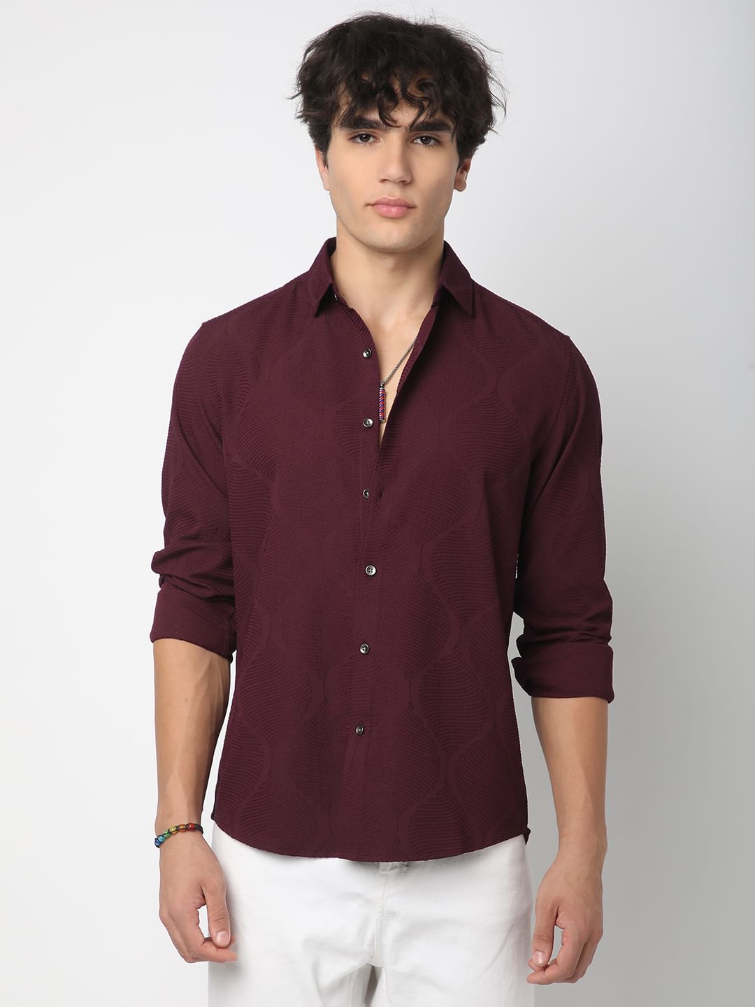 Elegant Wine Leafy Jacquard Shirt