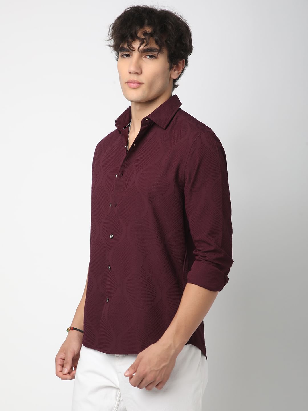Elegant Wine Leafy Jacquard Shirt