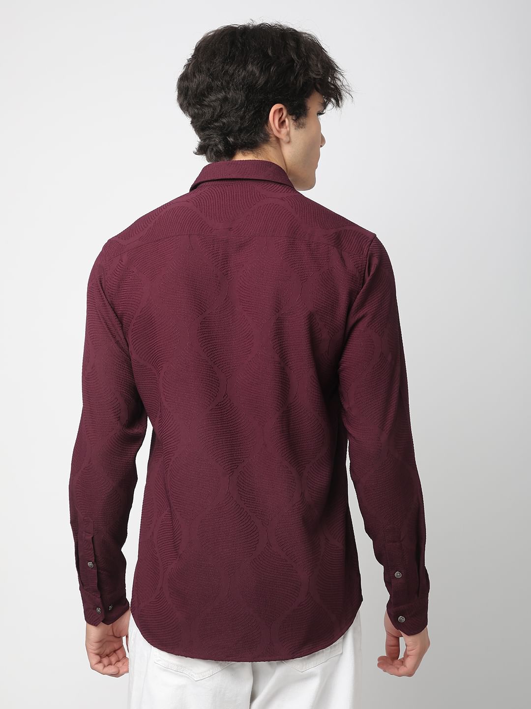 Elegant Wine Leafy Jacquard Shirt