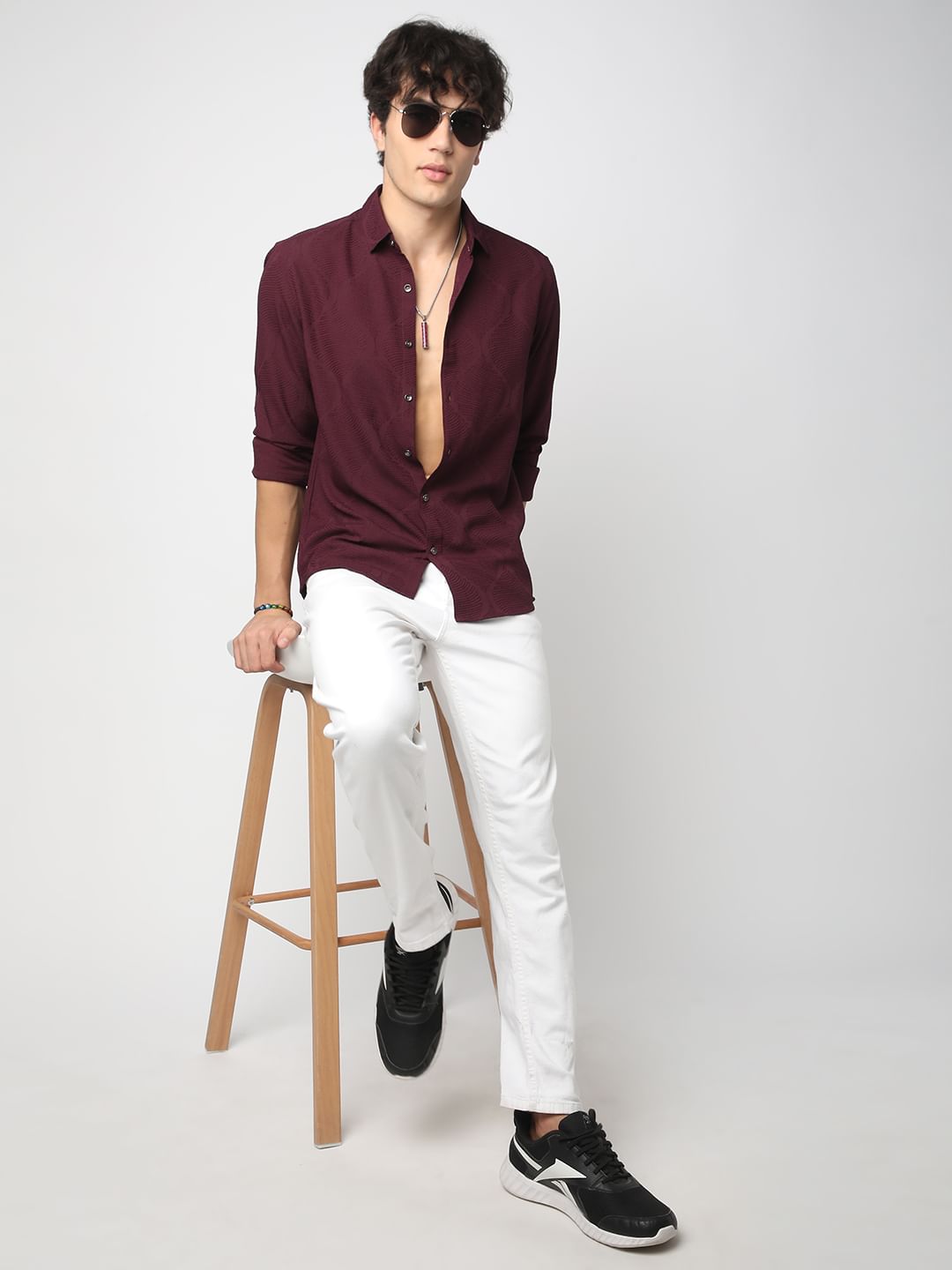 Elegant Wine Leafy Jacquard Shirt
