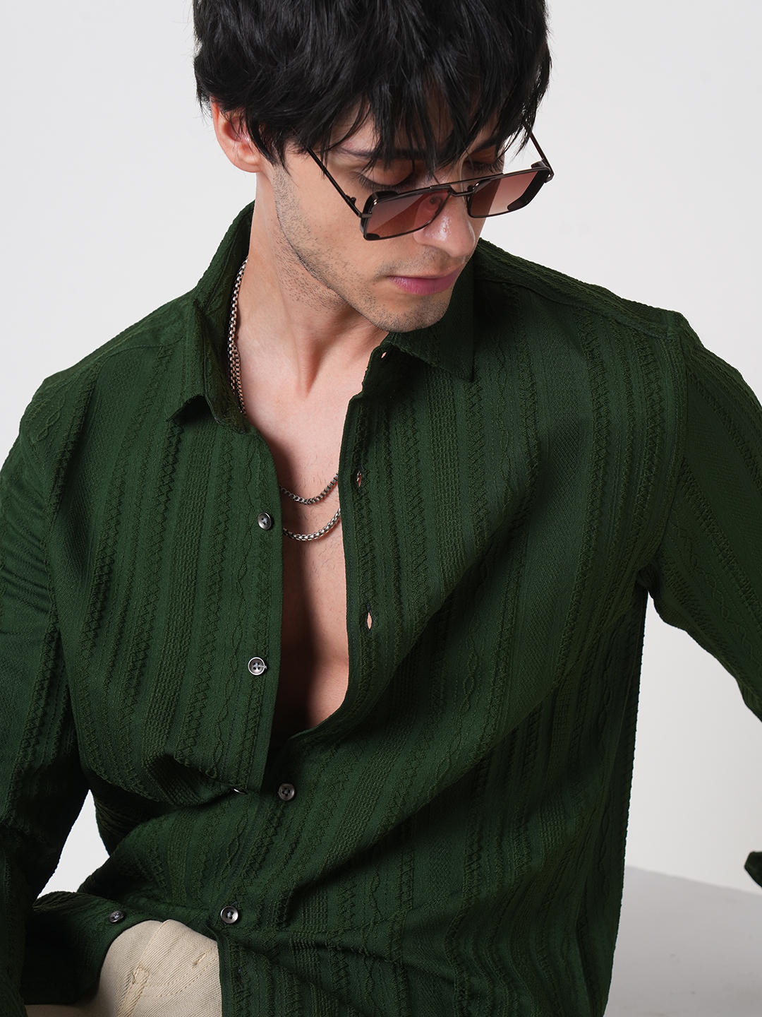 Forest Green Detailed Textured Shirt