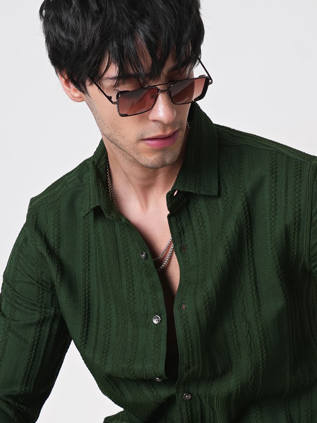 Forest Green Detailed Textured Shirt