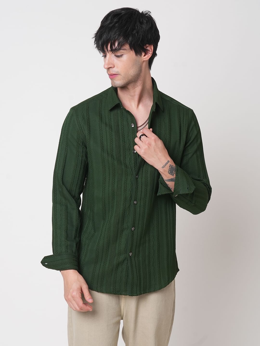Forest Green Detailed Textured Shirt
