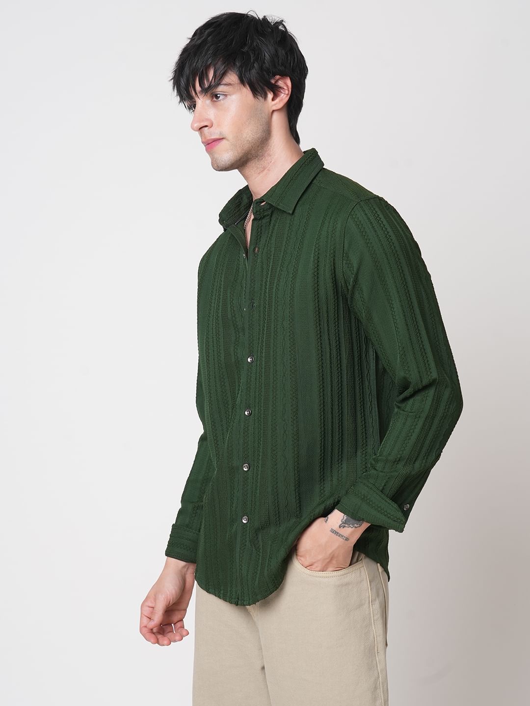Forest Green Detailed Textured Shirt