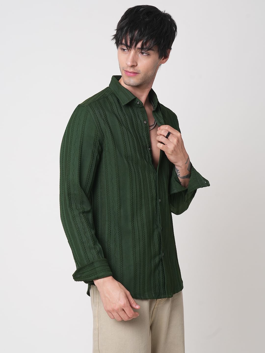 Forest Green Detailed Textured Shirt