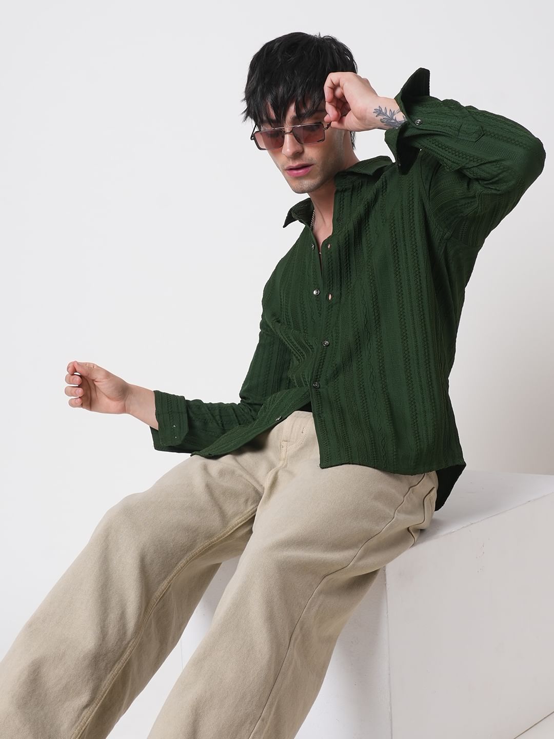 Forest Green Detailed Textured Shirt
