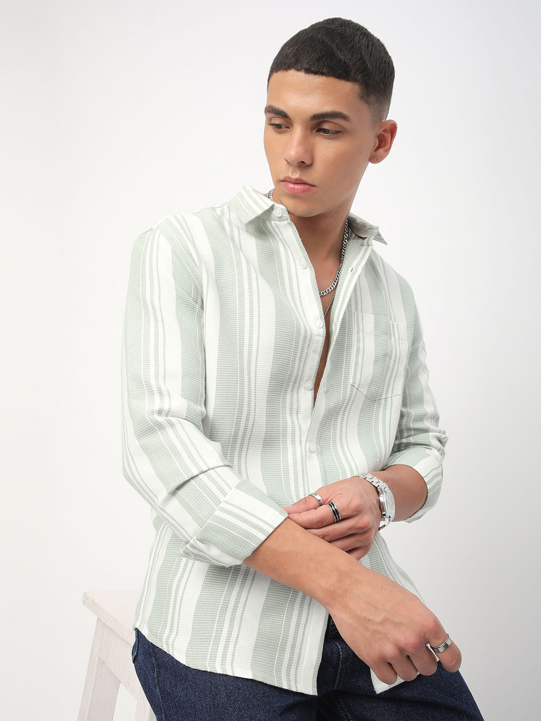 Mint Green Waffle Striped Shirt