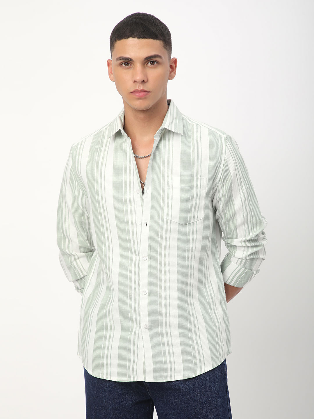 Mint Green Waffle Striped Shirt