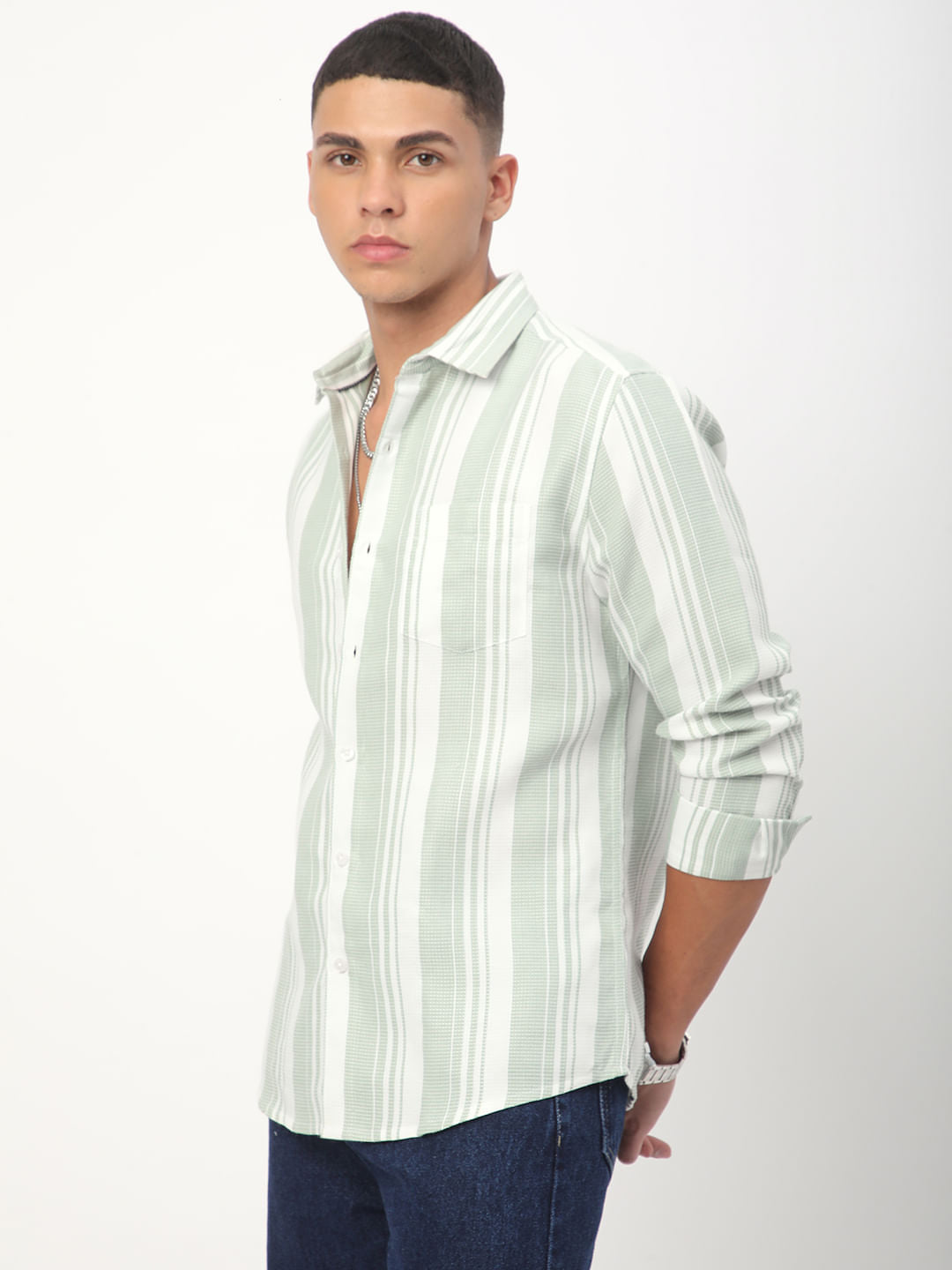 Mint Green Waffle Striped Shirt
