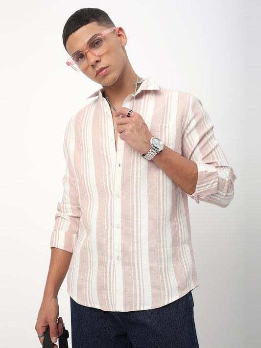 Peachy Pink Waffle Striped Shirt