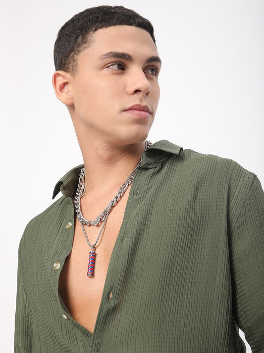 Refined Olive Streaky Textured Shirt