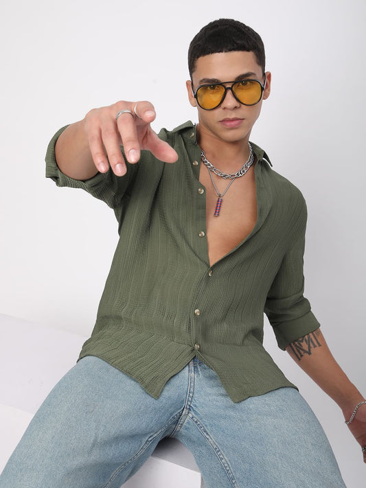 Refined Olive Streaky Textured Shirt