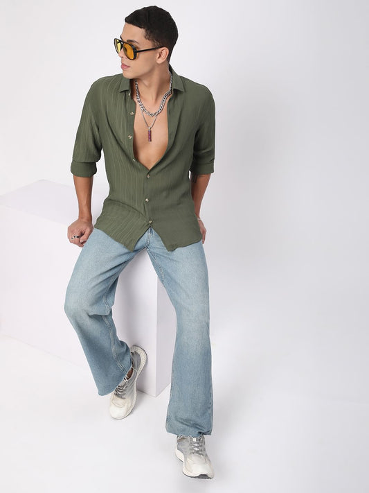 Refined Olive Streaky Textured Shirt