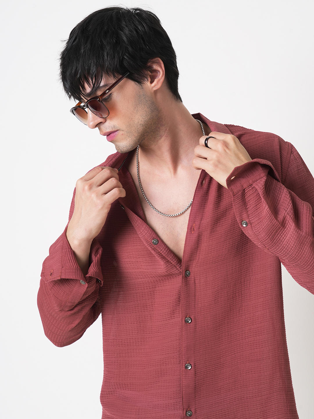 Glossy Rust Textured Chiffon Shirt