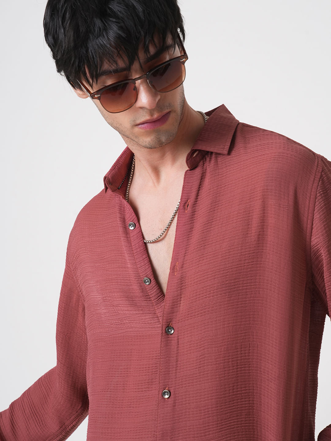 Glossy Rust Textured Chiffon Shirt