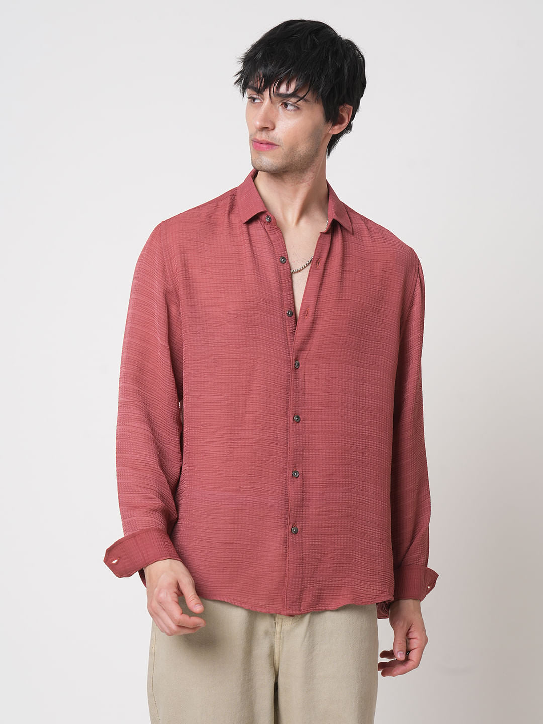 Glossy Rust Textured Chiffon Shirt