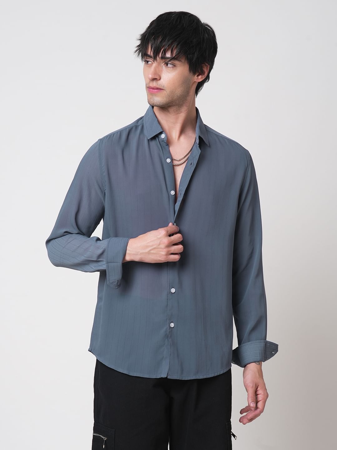 Iron Grey Textured Chiffon Shirt