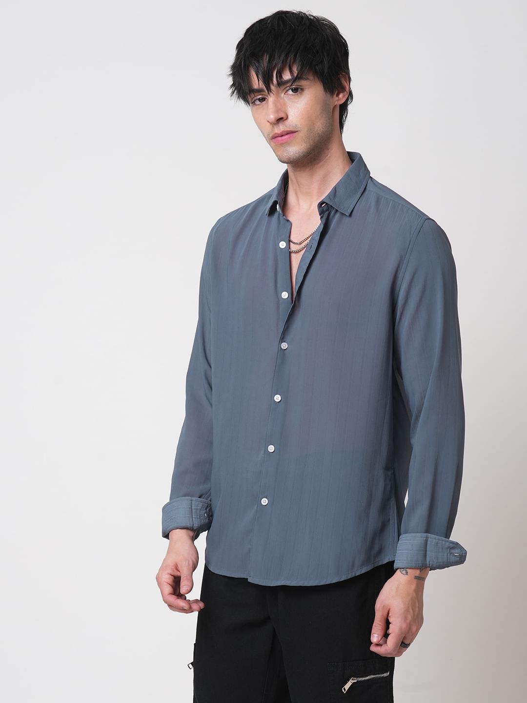 Iron Grey Textured Chiffon Shirt