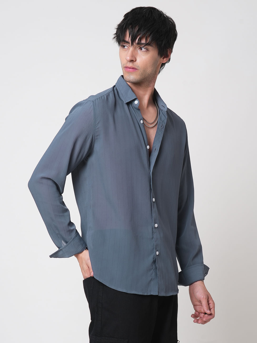 Iron Grey Textured Chiffon Shirt