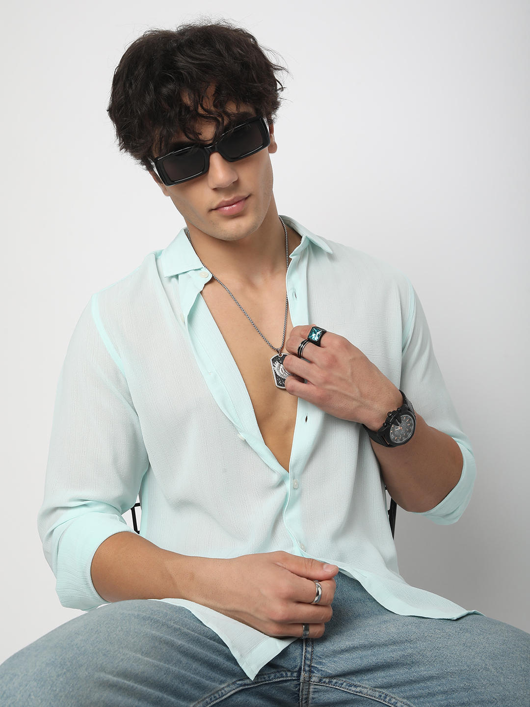 Arctic Blue Line Striped Chiffon Shirt
