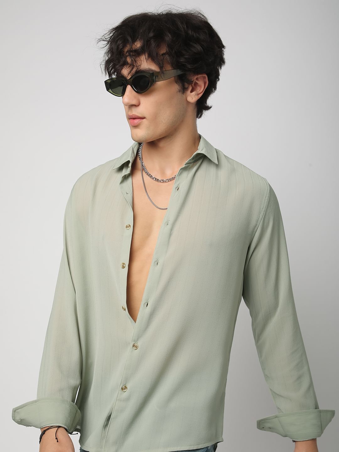 Tea Green Line Striped Chiffon Shirt