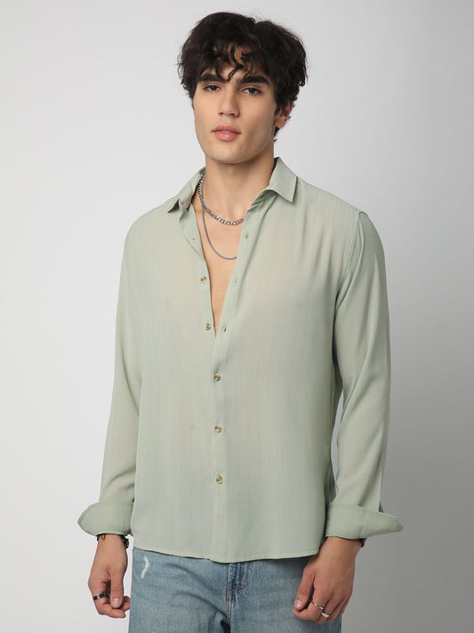 Tea Green Line Striped Chiffon Shirt