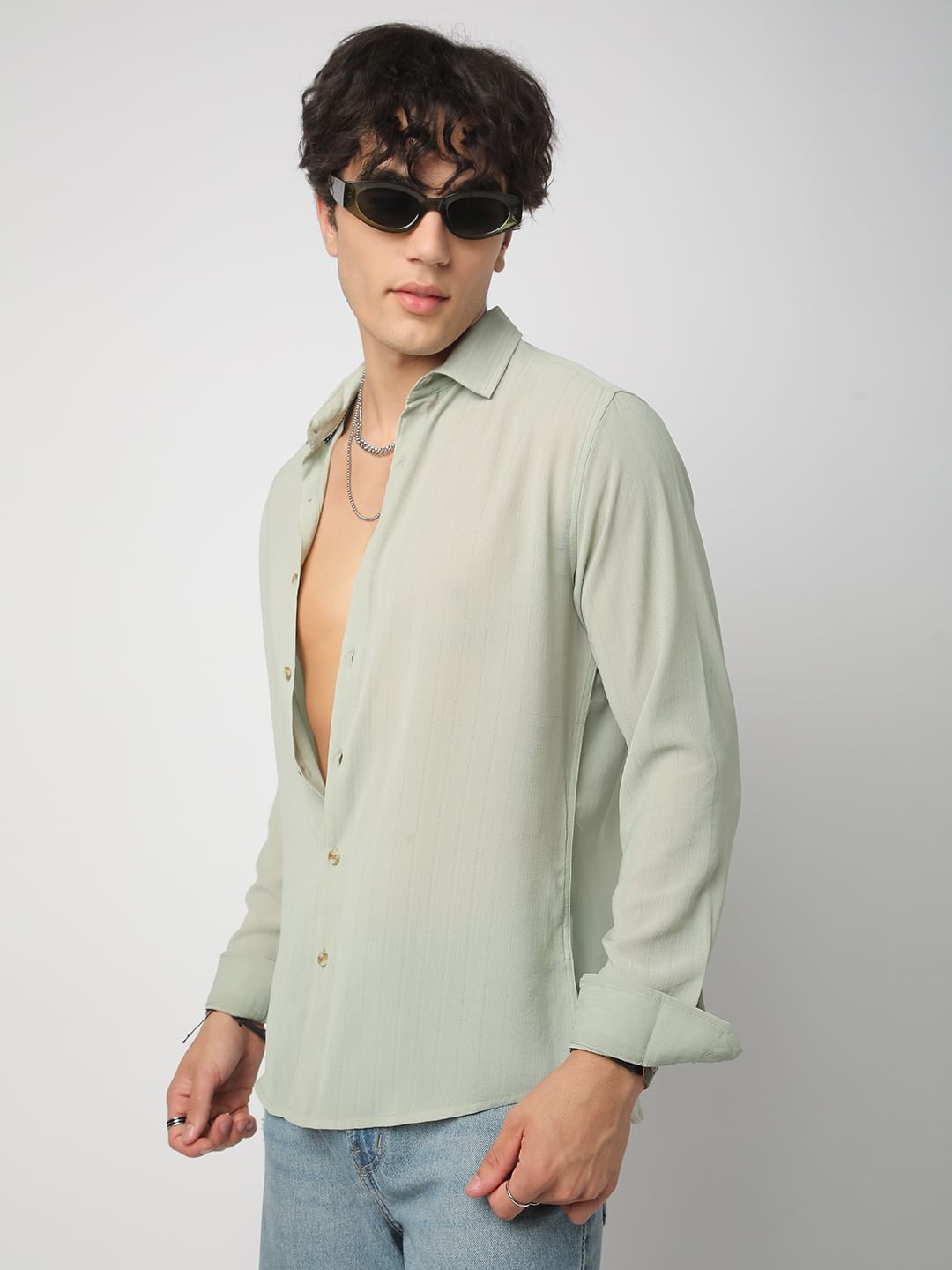 Tea Green Line Striped Chiffon Shirt
