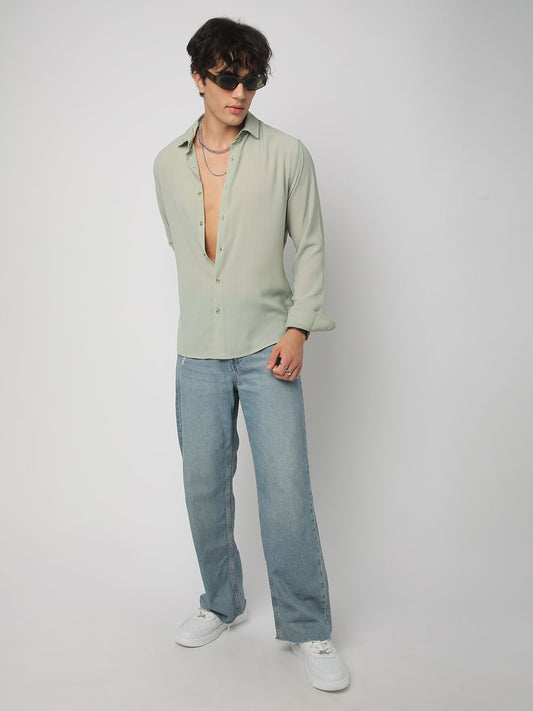 Tea Green Line Striped Chiffon Shirt