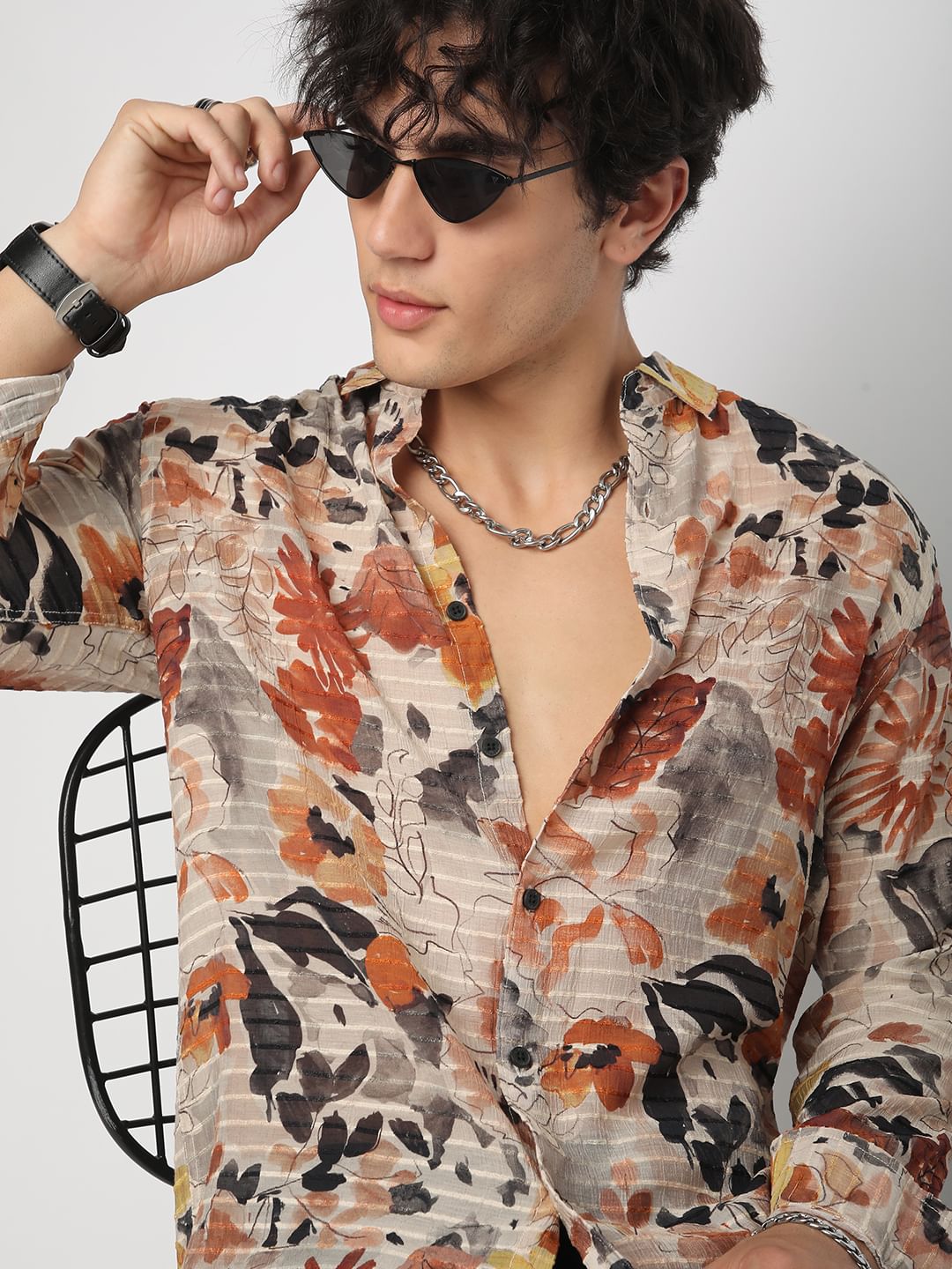 Multicolour Artistic Floral Printed Dobby Shirt