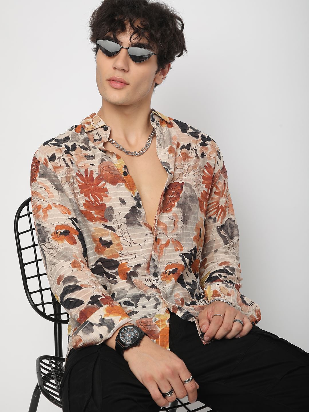Multicolour Artistic Floral Printed Dobby Shirt