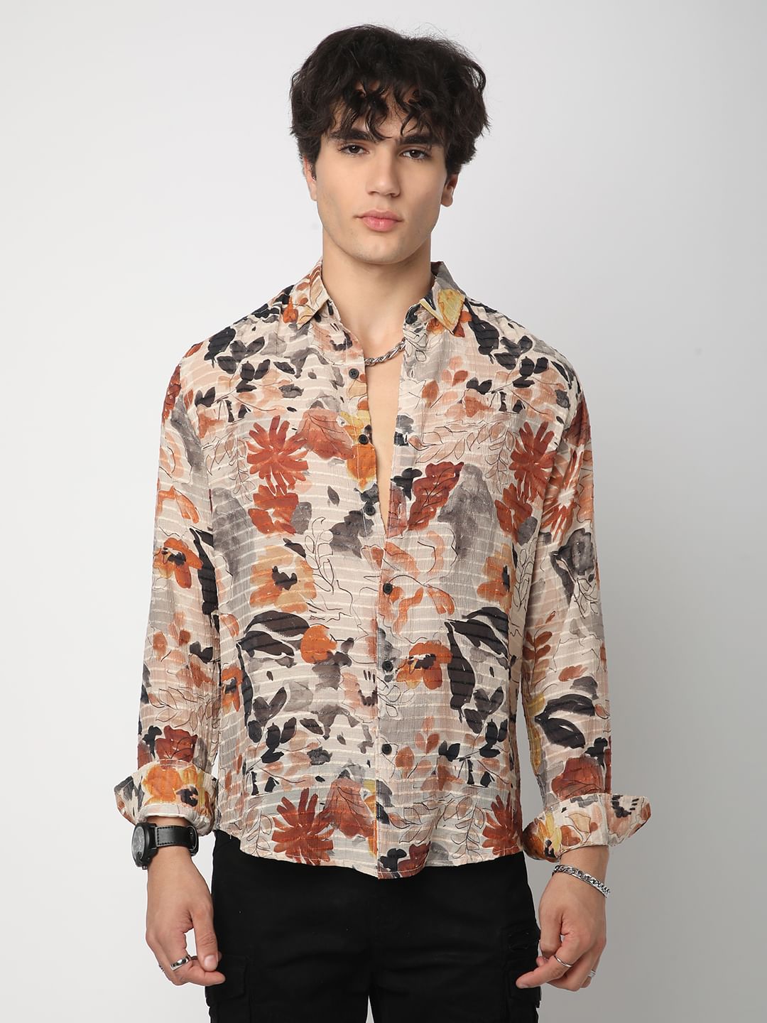 Multicolour Artistic Floral Printed Dobby Shirt