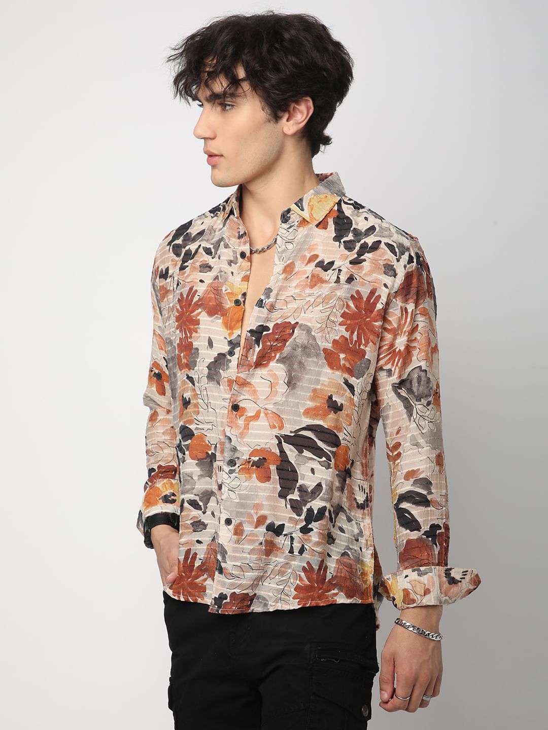 Multicolour Artistic Floral Printed Dobby Shirt