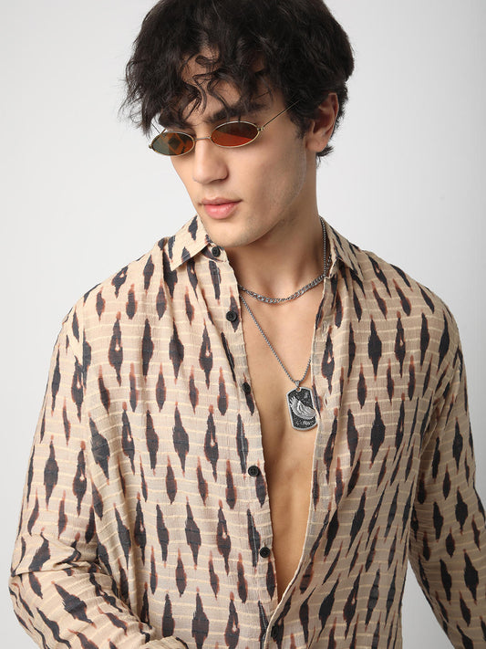 Beige Abstract Printed Dobby Shirt