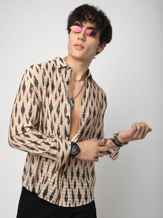 Beige Abstract Printed Dobby Shirt