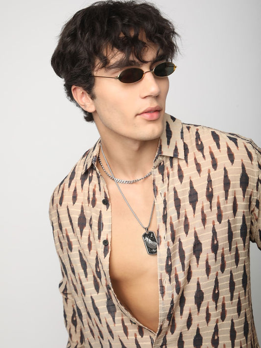Beige Abstract Printed Dobby Shirt