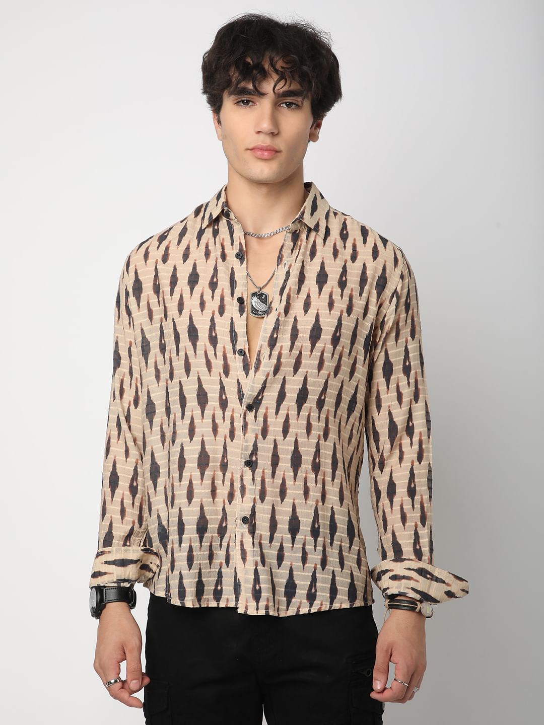 Beige Abstract Printed Dobby Shirt